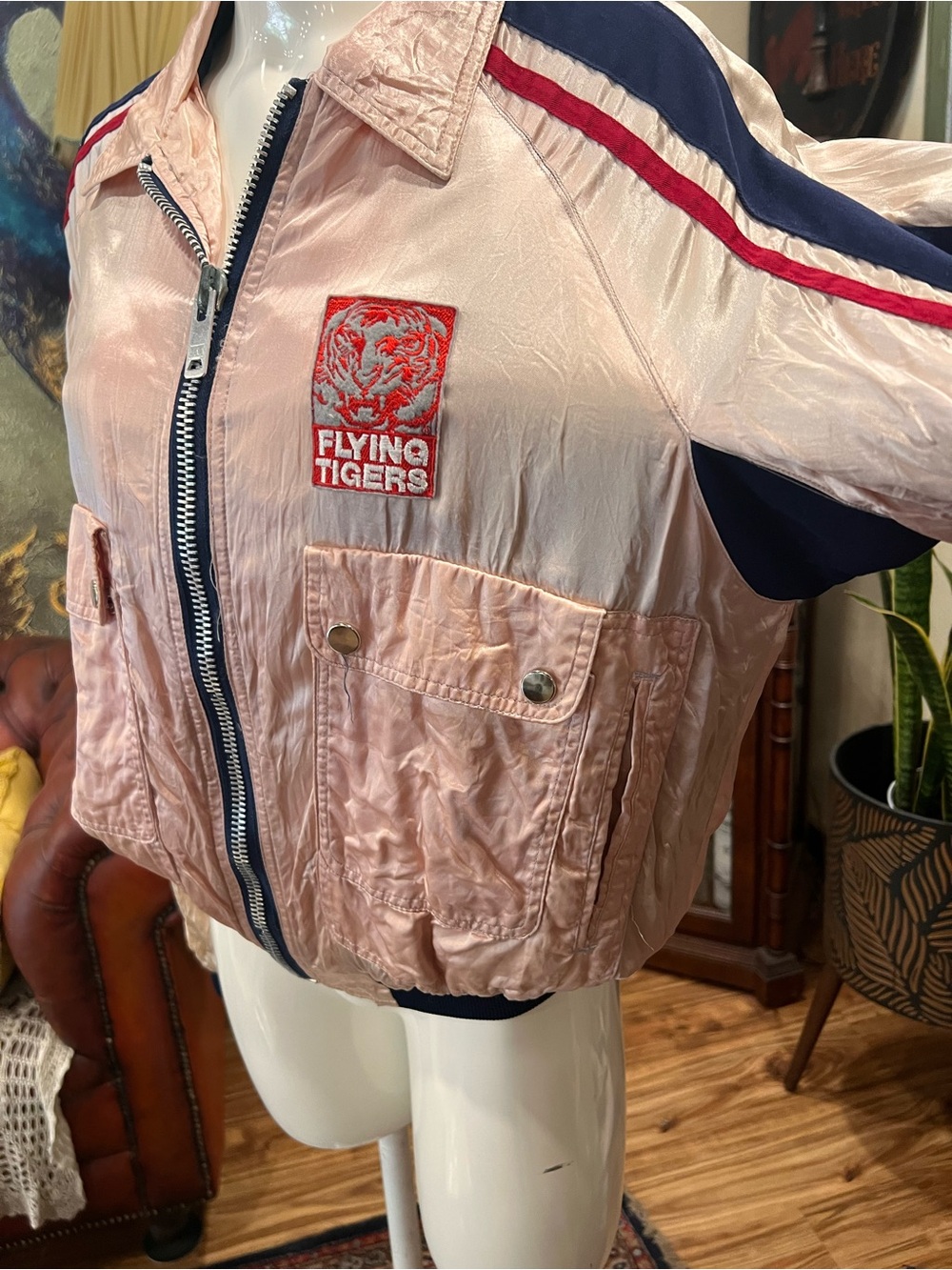 Women's Pink Satin Stripe-Trim “Flying Tigers” Bomber Jacket - Picture 4 of 13
